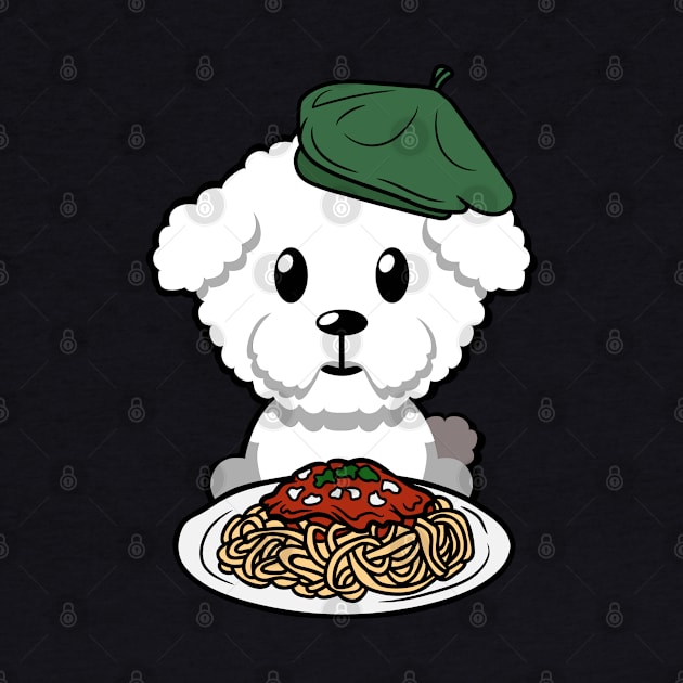 Cute furry dog eating spaghetti by Pet Station